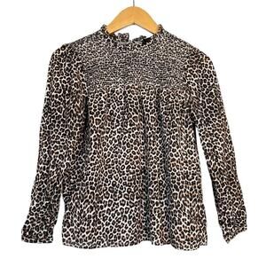 J. Crew Women Leopard Print Smocked Button Back Top Sz S Black Brown Lightweight